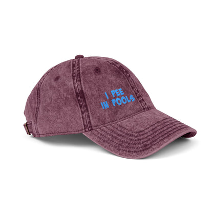 I Pee In Pools Vintage Hat – Funny Hat with Bold Blue Text for Lifeguard Terrors and Poolside Menaces