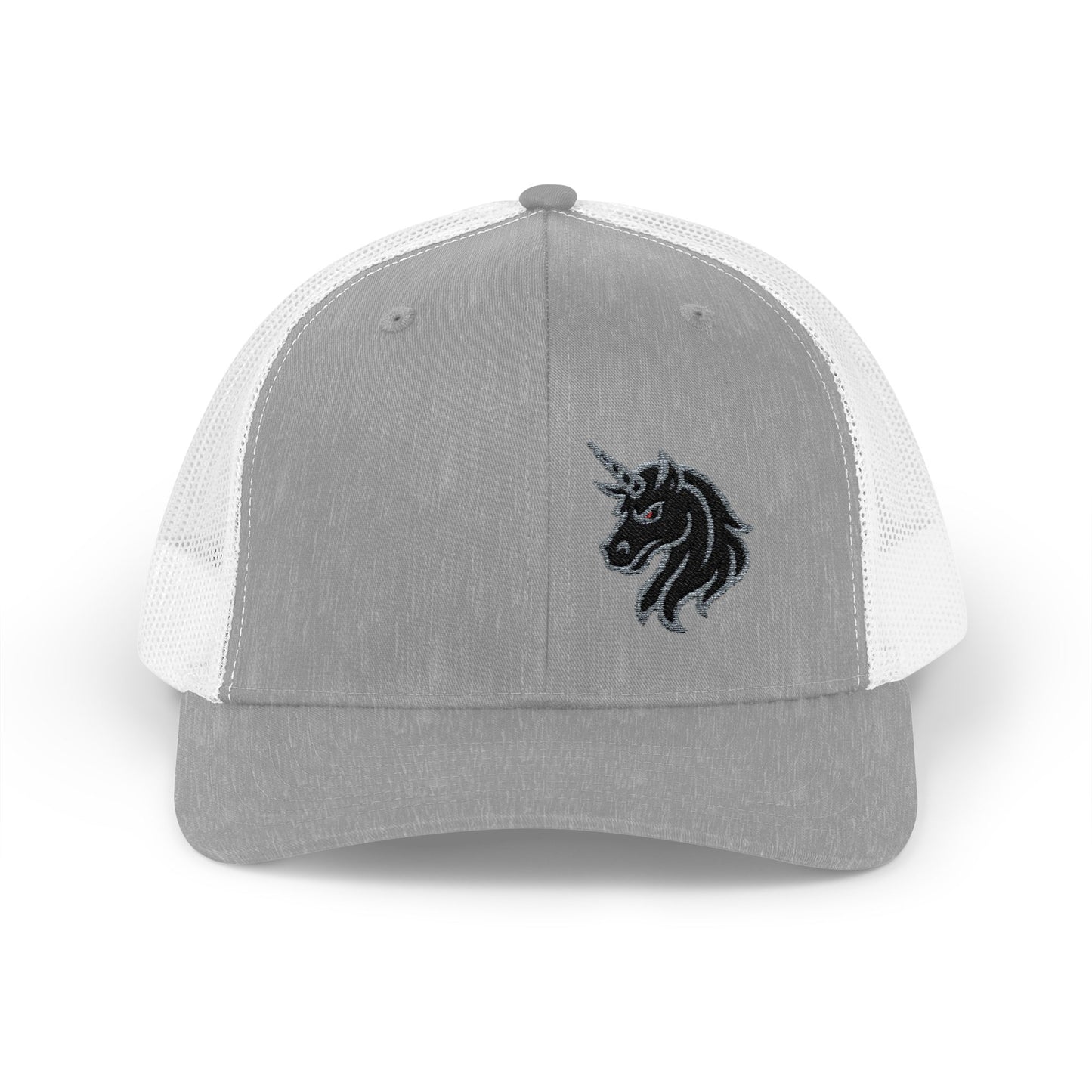Angry Unicorn Trucker Hat – Embroidered Gothic Fantasy Hat with Red Eyes and Fierce Horned Design