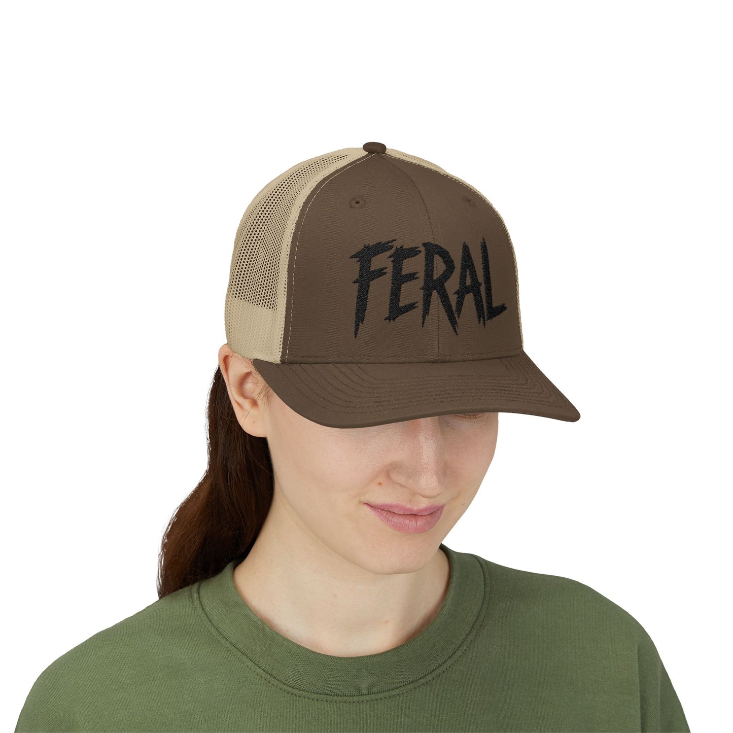FERAL Embroidered Trucker Hat – Bold Statement Baseball Hat with Wild Energy Font for Rebels, Misfits, and Chaos Enthusiasts