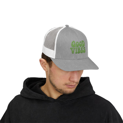 Good Vibes Trucker Hat – Embroidered Retro Text Hat for Positive Vibes, Chill Style, and Everyday Feel-Good Energy. Green Letters