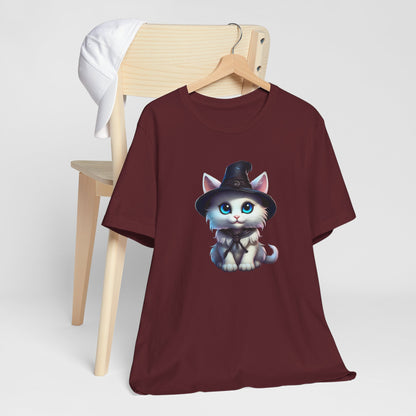 Adorable Witch Cat Halloween Shirt – Cute White Cat in Hat Graphic Tee for Cat Lovers and Halloween Fans