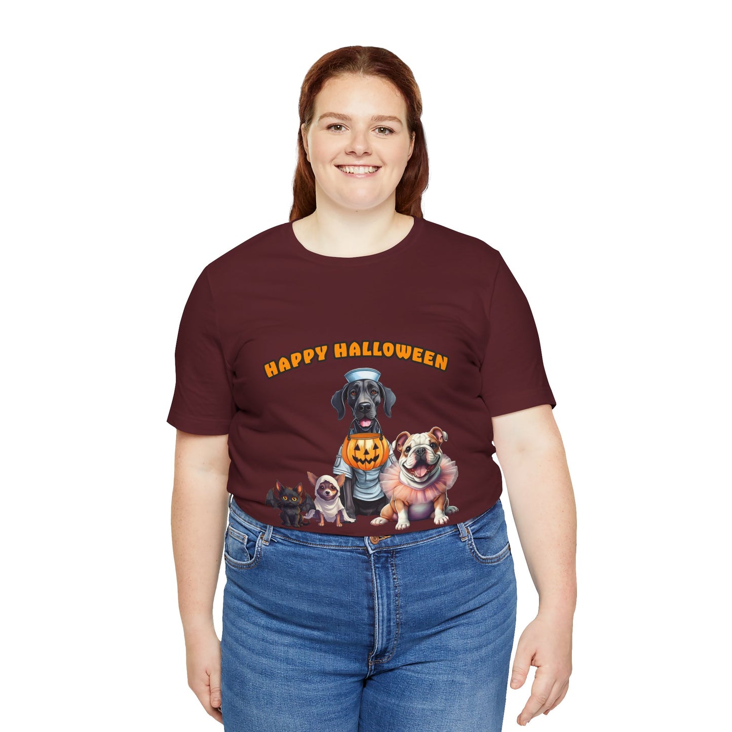 Happy Halloween Pet Parade Shirt – Cute Halloween Dogs and Cat in Costumes. Unisex Jersey Short Sleeve Tee
