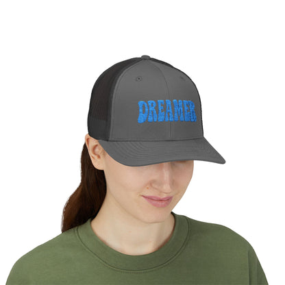 Dreamer Trucker Hat – Embroidered Minimalist Script Hat for Visionaries, Creatives, and Chill Daydreamers. Blue Letters