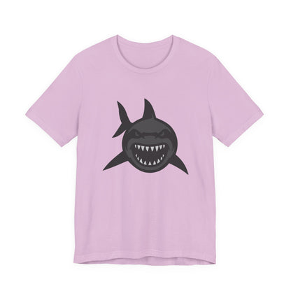 Ferocious Shark Face Graphic Tee with a Bold Bite – Dark Theme Ocean Predator Shirt in Black and Grey. Unisex Jersey Short Sleeve Tee