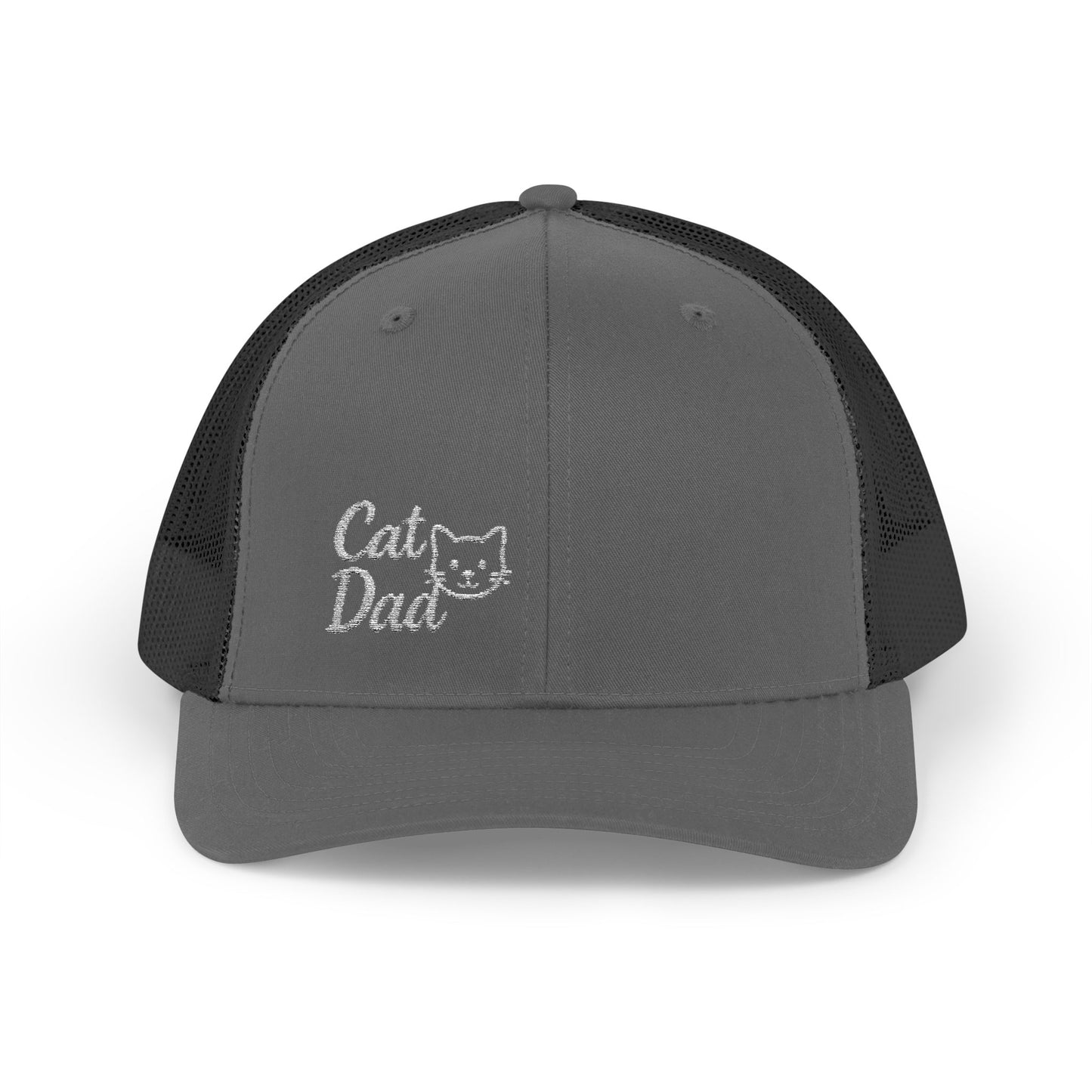 Cat Dad Trucker Hat – Embroidered Minimalist Cat Face Hat for Proud Pet Dads and Feline Fans. White Letters