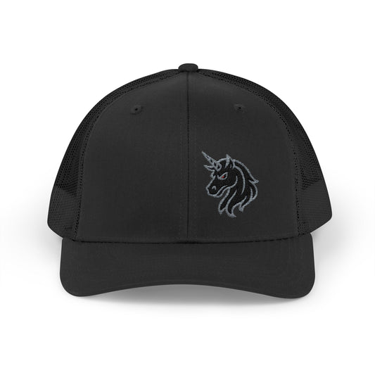 Angry Unicorn Trucker Hat – Embroidered Gothic Fantasy Hat with Red Eyes and Fierce Horned Design