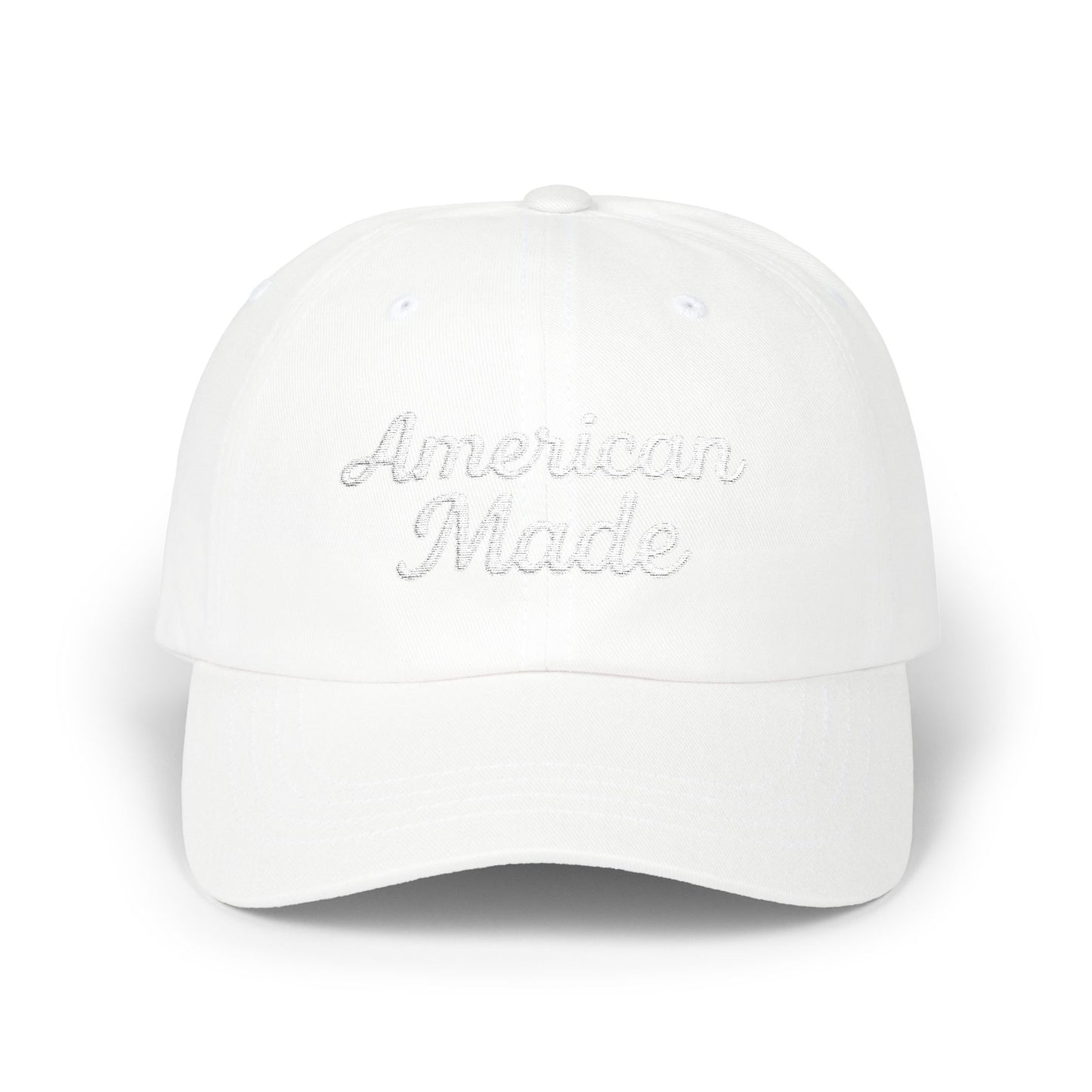 American Made Classic Dad Hat – Embroidered Patriotic Baseball Hat with Retro Script for USA Pride and Everyday Wear. White Letters