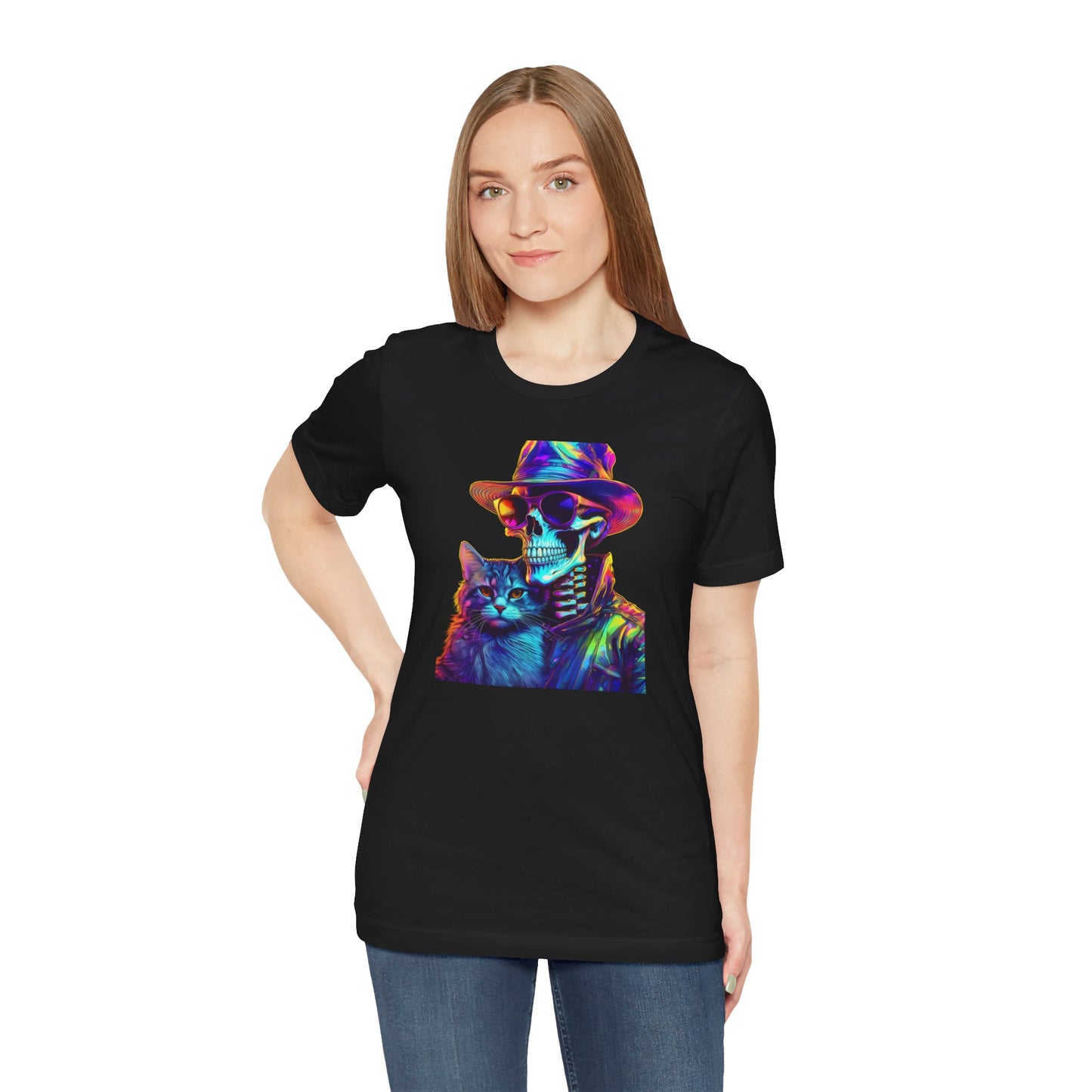 Cool Skeleton and Cat Halloween Shirt – Neon Retro Horror Graphic Tee for Spooky Style and Cat Lovers