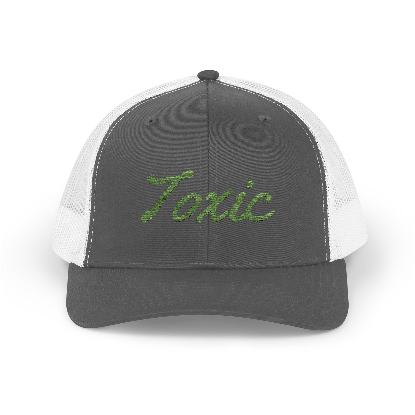 Toxic Trucker Hat – Embroidered Green Script Hat for Ironic Vibes and Bold Personality