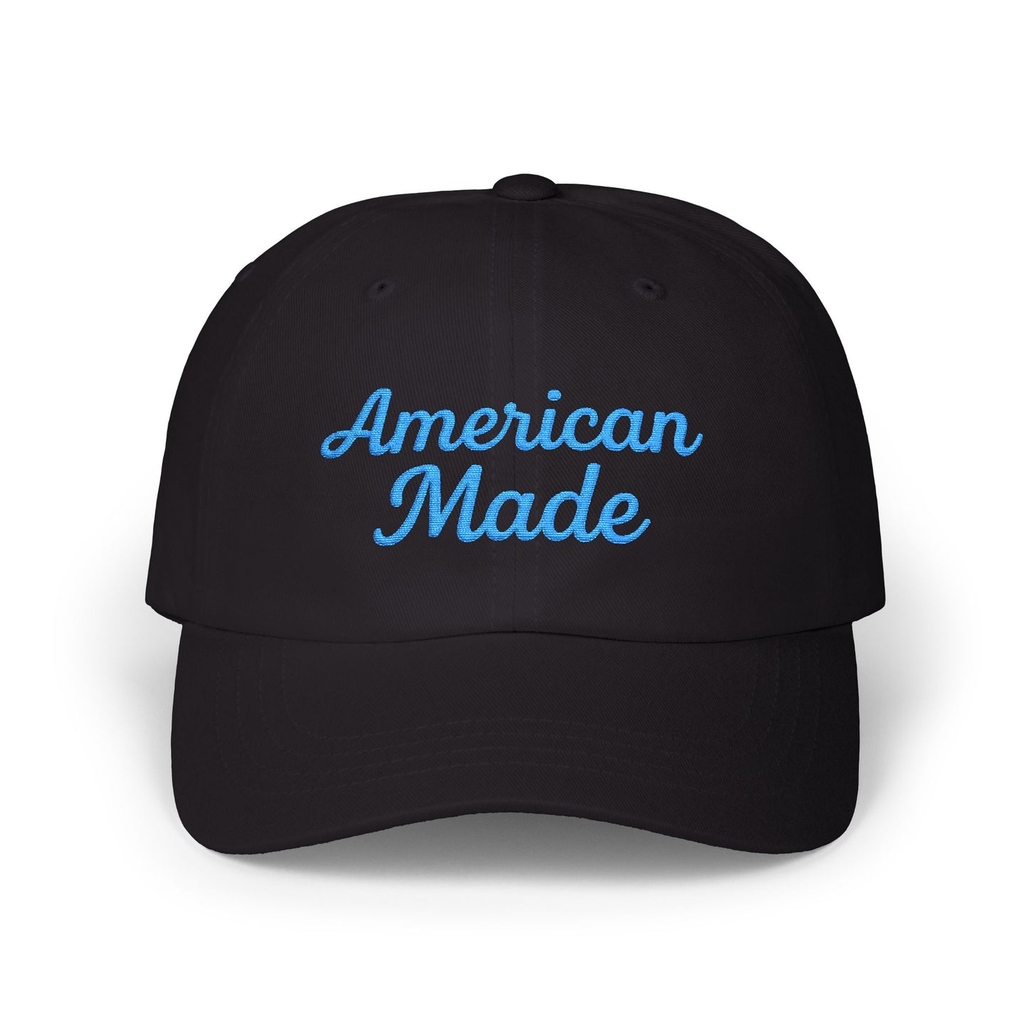 American Made Classic Dad Hat – Embroidered Patriotic Baseball Hat with Retro Script for USA Pride and Everyday Wear. Light blue letters