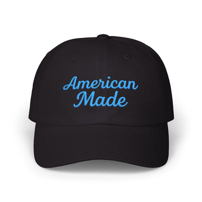 American Made Classic Dad Hat – Embroidered Patriotic Baseball Hat with Retro Script for USA Pride and Everyday Wear. Light blue letters