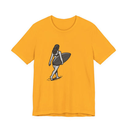 Surfer Girl Walking Graphic T-Shirt – Dark Theme Grayscale Beach Scene on Black Tee with Coastal Calm and Modern Ghost Effect. Unisex Jersey Short Sleeve Tee
