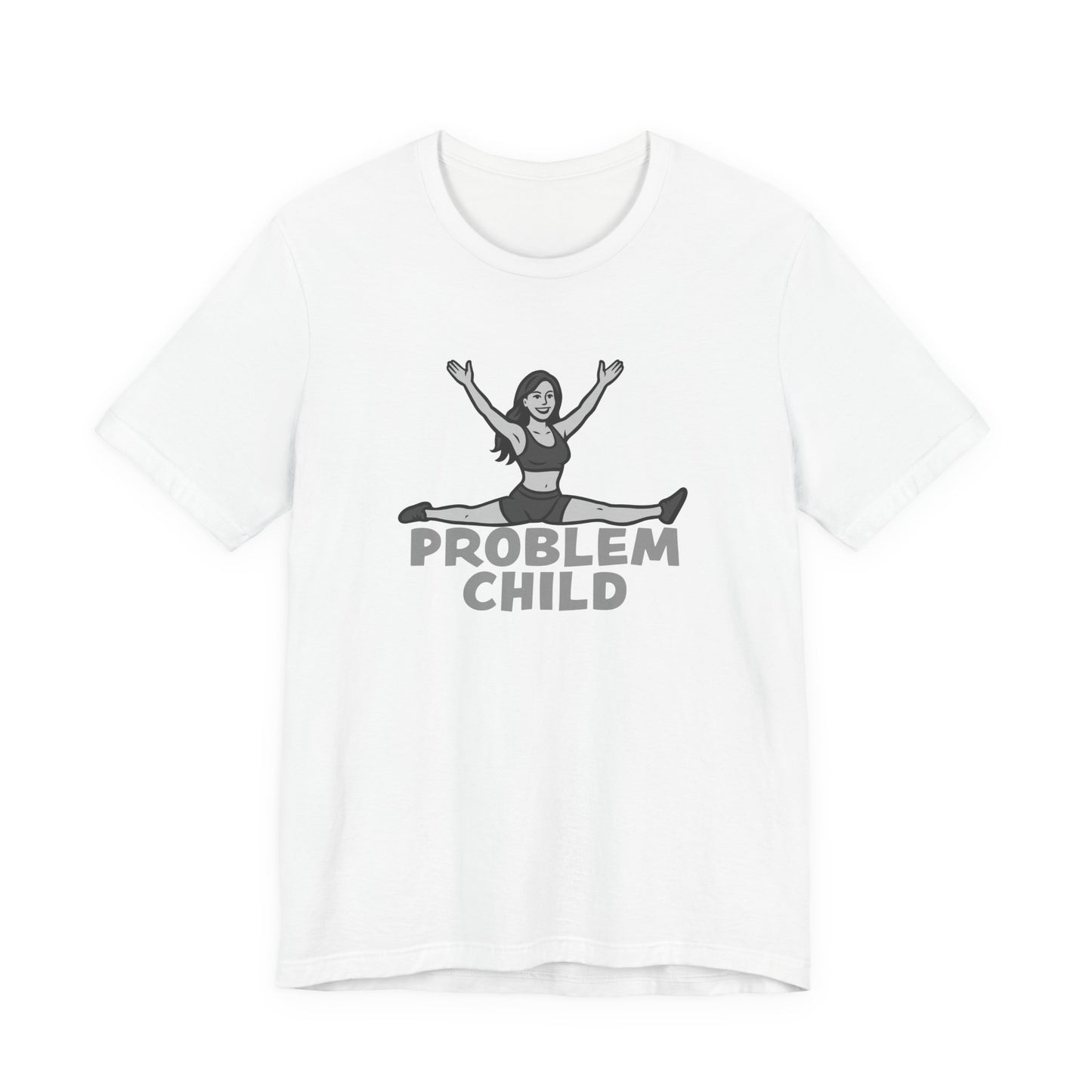 Problem Child Graphic Tee Cheerful Rebel Jump Pose in Bold Dark Theme Monochrome Style. Unisex Jersey Short Sleeve Tee
