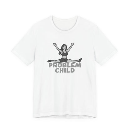 Problem Child Graphic Tee Cheerful Rebel Jump Pose in Bold Dark Theme Monochrome Style. Unisex Jersey Short Sleeve Tee