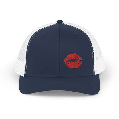 Red Lips Trucker Hat – Embroidered Pop Art Hat with Kiss Design