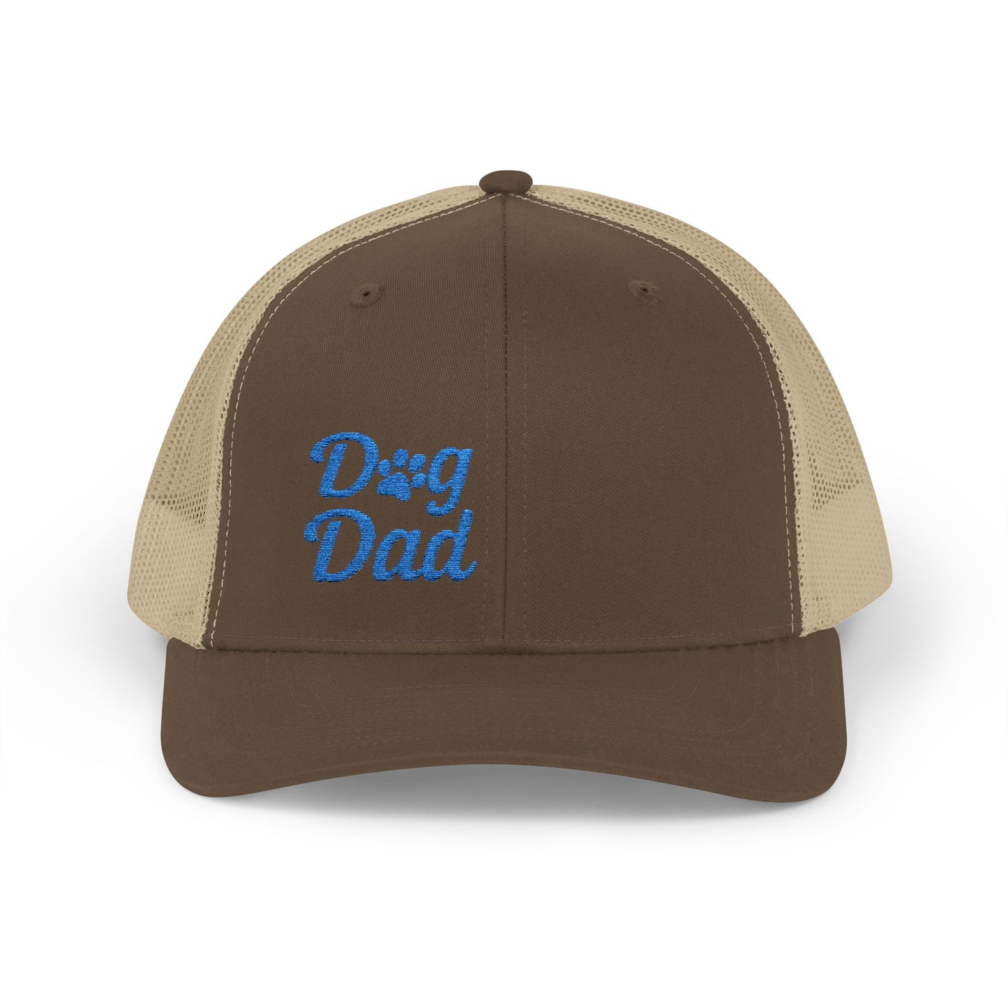 Dog Dad Trucker Hat – Embroidered Minimalist Dog Face Hat for Proud Pet Dads and Canine Companions. Blue Letters