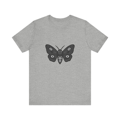 Moth Graphic T-Shirt – Dark Theme Grayscale Winged Insect Design on Black Tee with Gothic Mood and Subtle Modern Ghost Effect. Unisex Jersey Short Sleeve Tee