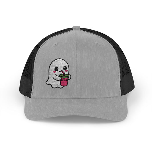 Cute Ghost Trucker Hat – Embroidered Kawaii Ghost Drinking Hat for Halloween Vibes and Everyday Boo Energy