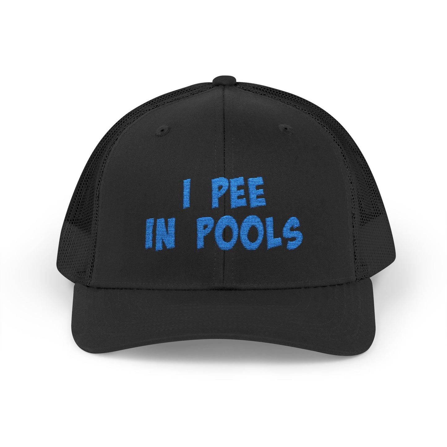 I Pee In Pools Trucker Hat – Funny Hat with Bold Blue Text for Lifeguard Terrors and Poolside Menaces