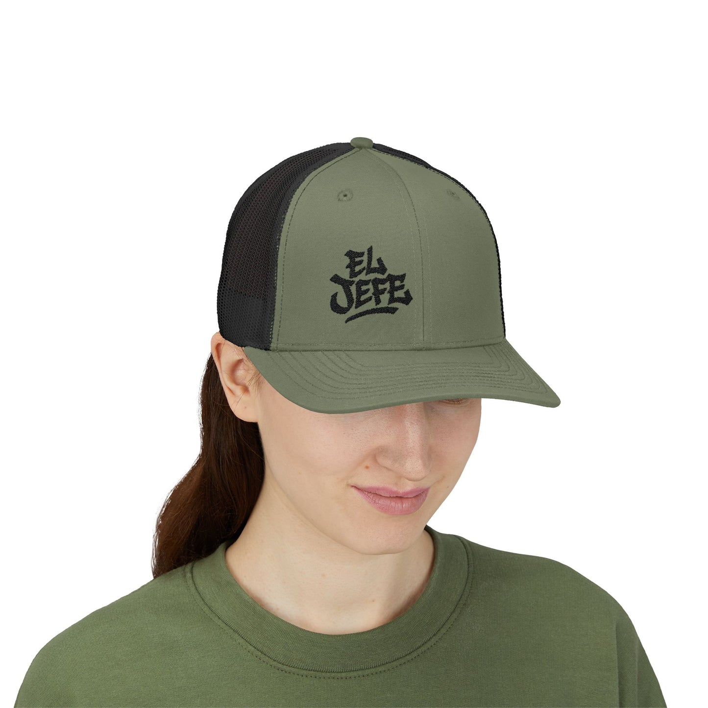 El Jefe Trucker Hat – Embroidered Bold Text Hat for Boss Energy, Leadership Style, and Latin Flair. Black Letters