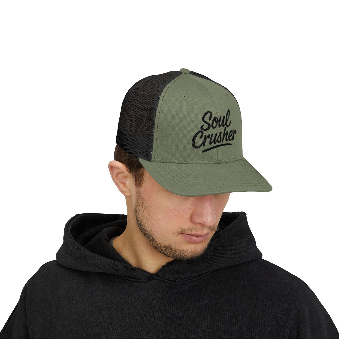 Soul Crusher Trucker Hat – Clean Script Hat with Bold Edge for Heartbreakers, Villains, and Power Moves. Black Letters