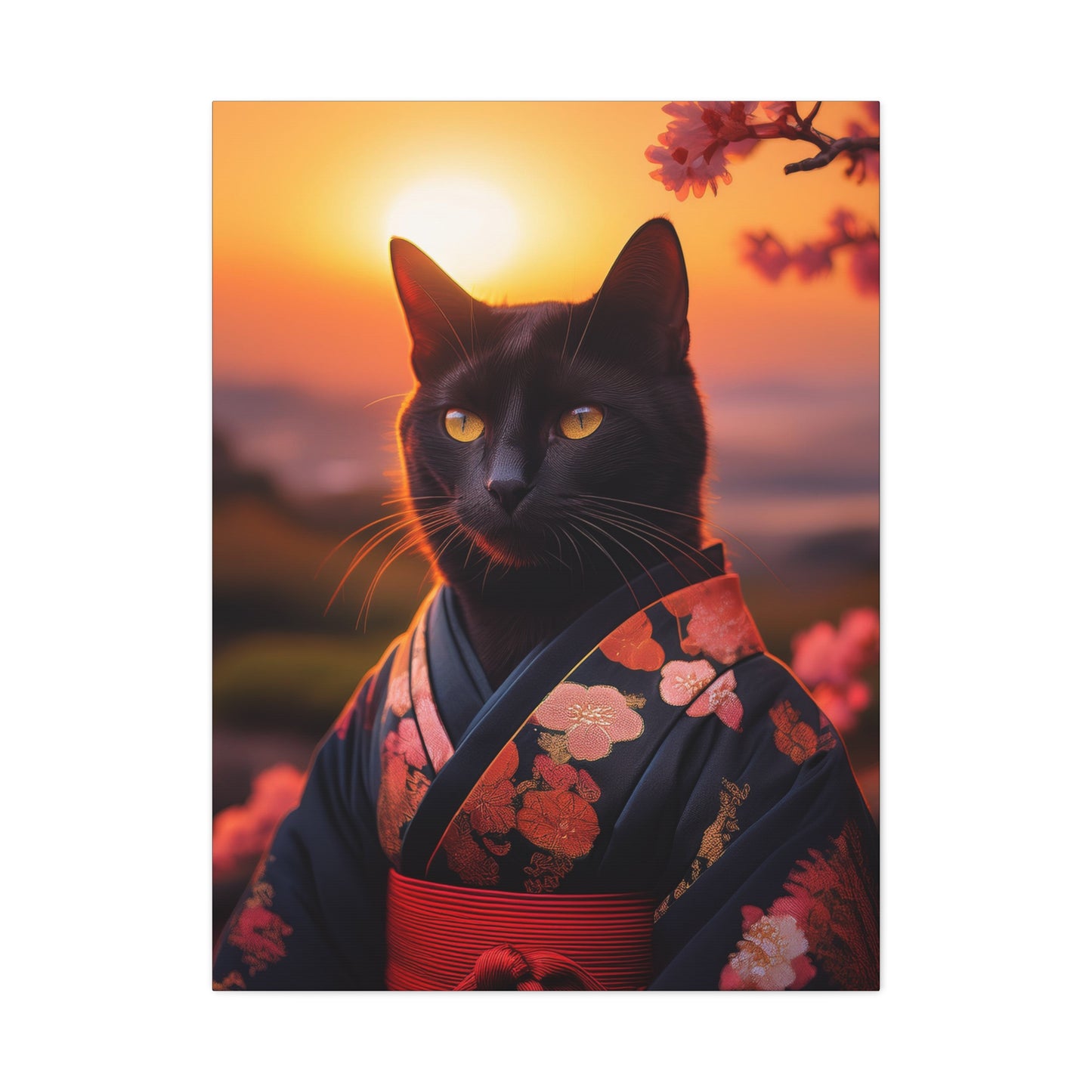 Zen Whiskers: Geisha Cat at Sunset Canvas Art | Stretched Matte Wall Decor 001