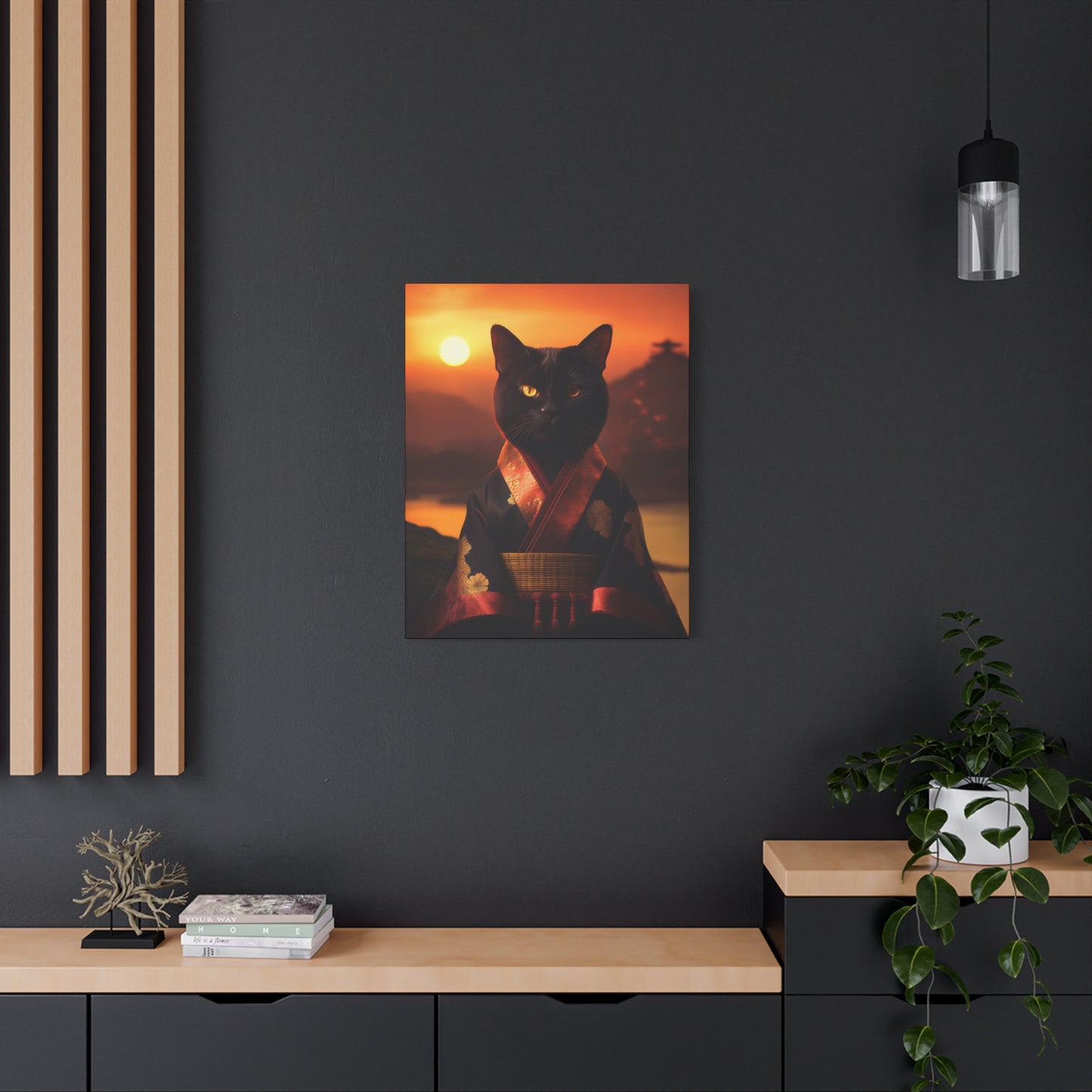 Zen Whiskers: Geisha Cat at Sunset Canvas Art | Stretched Matte Wall Decor 002