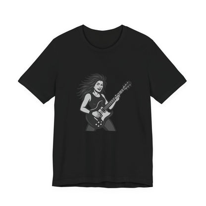 Rock Guitar Girl Graphic T-Shirt – Dark Theme Grayscale Electric Guitarist Design on Black Tee with Music Attitude and Modern Ghost Effect. Unisex Jersey Short Sleeve Tee