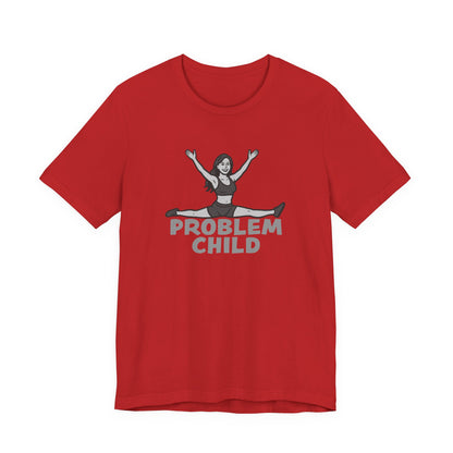 Problem Child Graphic Tee Cheerful Rebel Jump Pose in Bold Dark Theme Monochrome Style. Unisex Jersey Short Sleeve Tee
