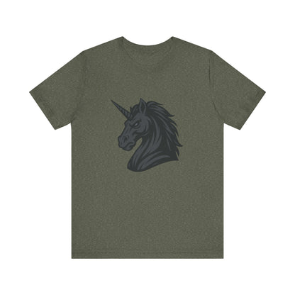 Dark Unicorn Profile T-Shirt – Dark Theme Grayscale Fierce Mythical Horse Design on Black Tee with Gothic Magic and Modern Ghost Effect. Unisex Jersey Short Sleeve Tee