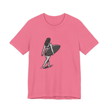 Surfer Girl Walking Graphic T-Shirt – Dark Theme Grayscale Beach Scene on Black Tee with Coastal Calm and Modern Ghost Effect. Unisex Jersey Short Sleeve Tee