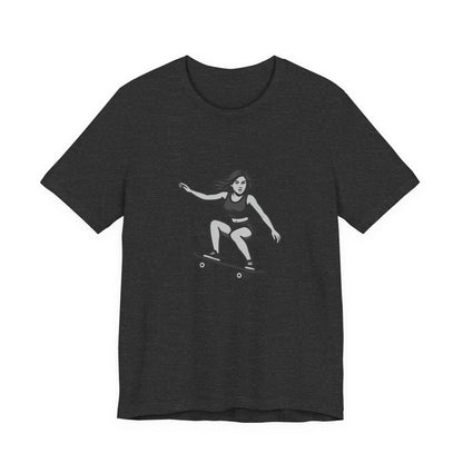 Skater Girl Graphic T-Shirt – Dark Theme Grayscale Skateboarding Design on Black Tee with Bold Motion and Modern Ghost Effect. Unisex Jersey Short Sleeve Tee