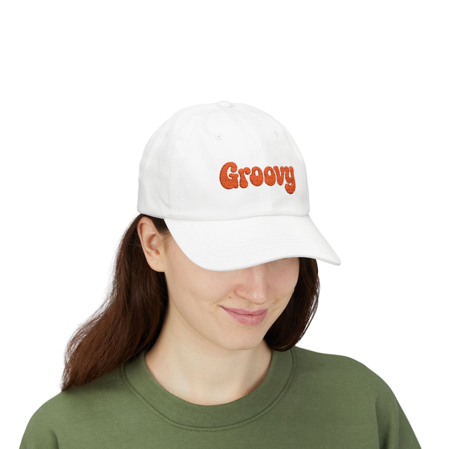 Groovy Classic Dad Hat – Retro Embroidered Hat with 70s Style Font for Funky Vibes, Chill Days, and Vintage Cool. Orange Letters