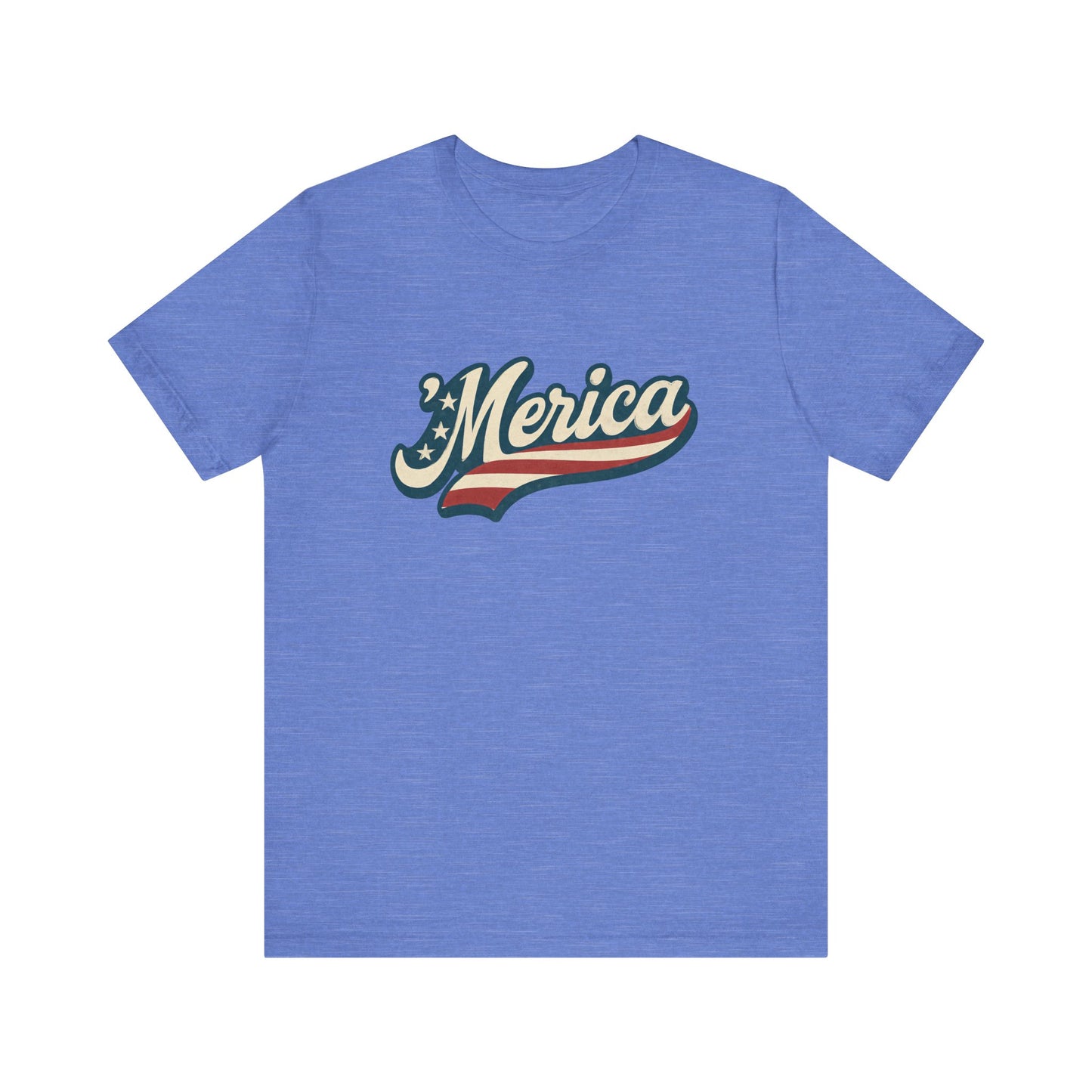 'Merica Vintage Script Shirt – Patriotic Retro USA Tee for 4th of July – Independence Day American Pride Design. Unisex Jersey Short Sleeve Tee