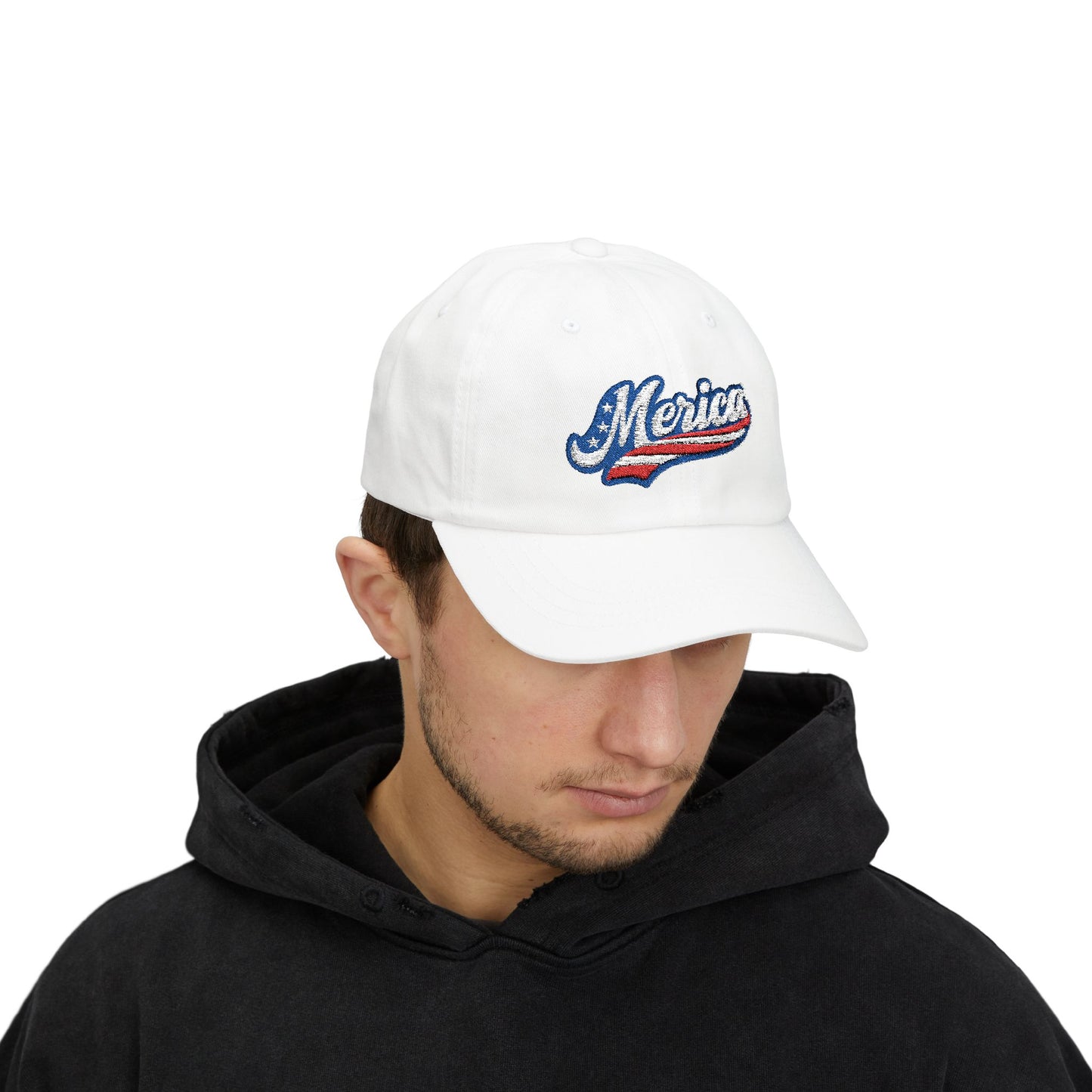 MERICA Embroidered Classic Dad Hat – Patriotic USA Hat with Bold Stars and Stripes Script Design for 4th of July and American Pride