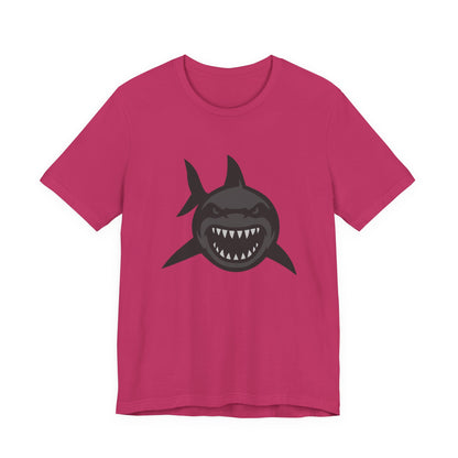Ferocious Shark Face Graphic Tee with a Bold Bite – Dark Theme Ocean Predator Shirt in Black and Grey. Unisex Jersey Short Sleeve Tee