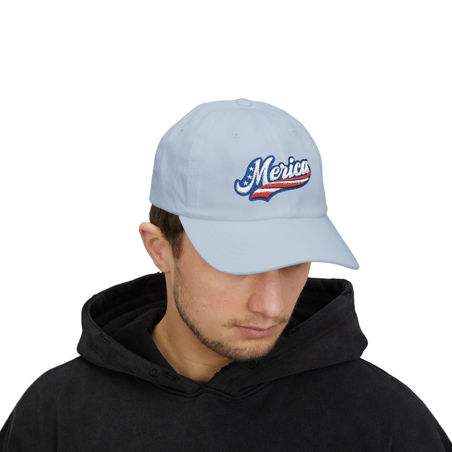 MERICA Embroidered Classic Dad Hat – Patriotic USA Hat with Bold Stars and Stripes Script Design for 4th of July and American Pride
