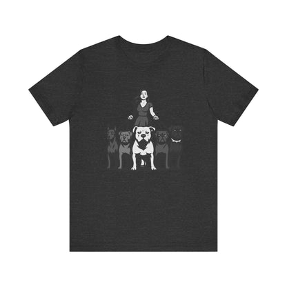 Alpha Woman with Dog Pack Graphic Tee Dark Theme – Confident Dog Walker Vector Design