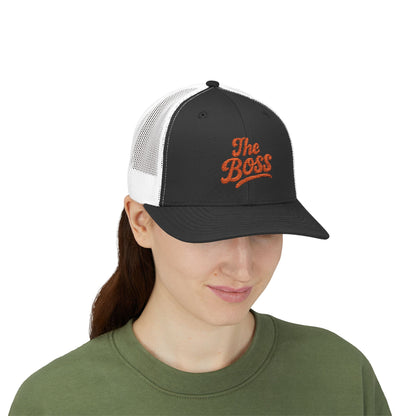 The Boss Trucker Hat – Embroidered Statement Hat for Power Moves Only. Orange Letters