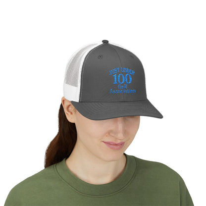 Just Under 100 Golf Trucker Hat – Embroidered Funny Golf Hat for Weekend Golfers and Casual Fairway Vibes. Blue Letters