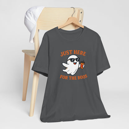 Just Here for the Boos Halloween Shirt – Funny Ghost Drinking Coffee Graphic Tee for Spooky Season
