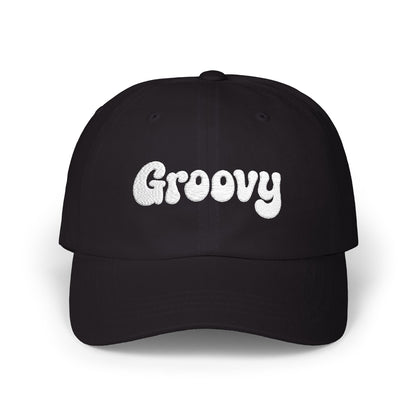 Groovy Classic Dad Hat – Retro Embroidered Hat with 70s Style Font for Funky Vibes, Chill Days, and Vintage Cool. White Letters