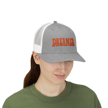 Dreamer Trucker Hat – Embroidered Minimalist Script Hat for Visionaries, Creatives, and Chill Daydreamers. Orange Letters