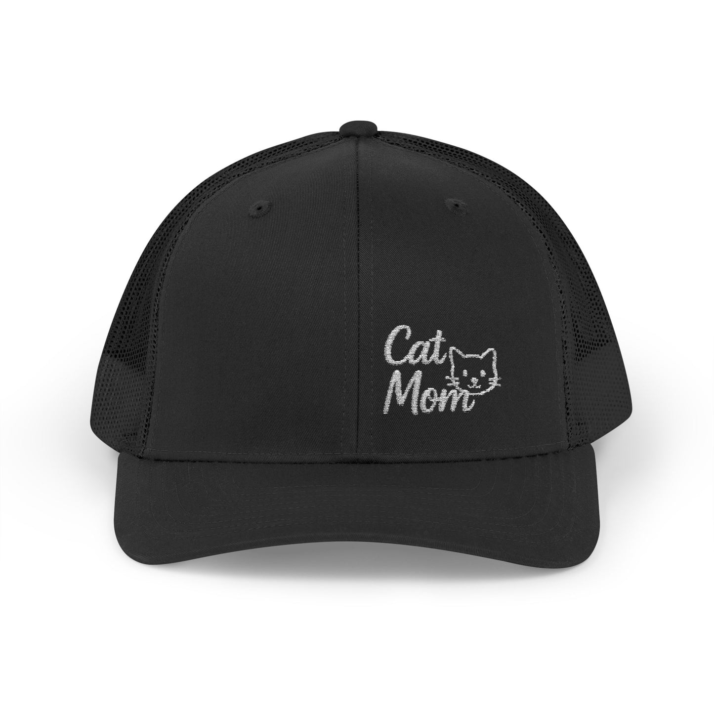 Cat Mom Trucker Hat – Embroidered Minimalist Cat Face Hat for Proud Pet Moms and Stylish Feline Fans. White letters