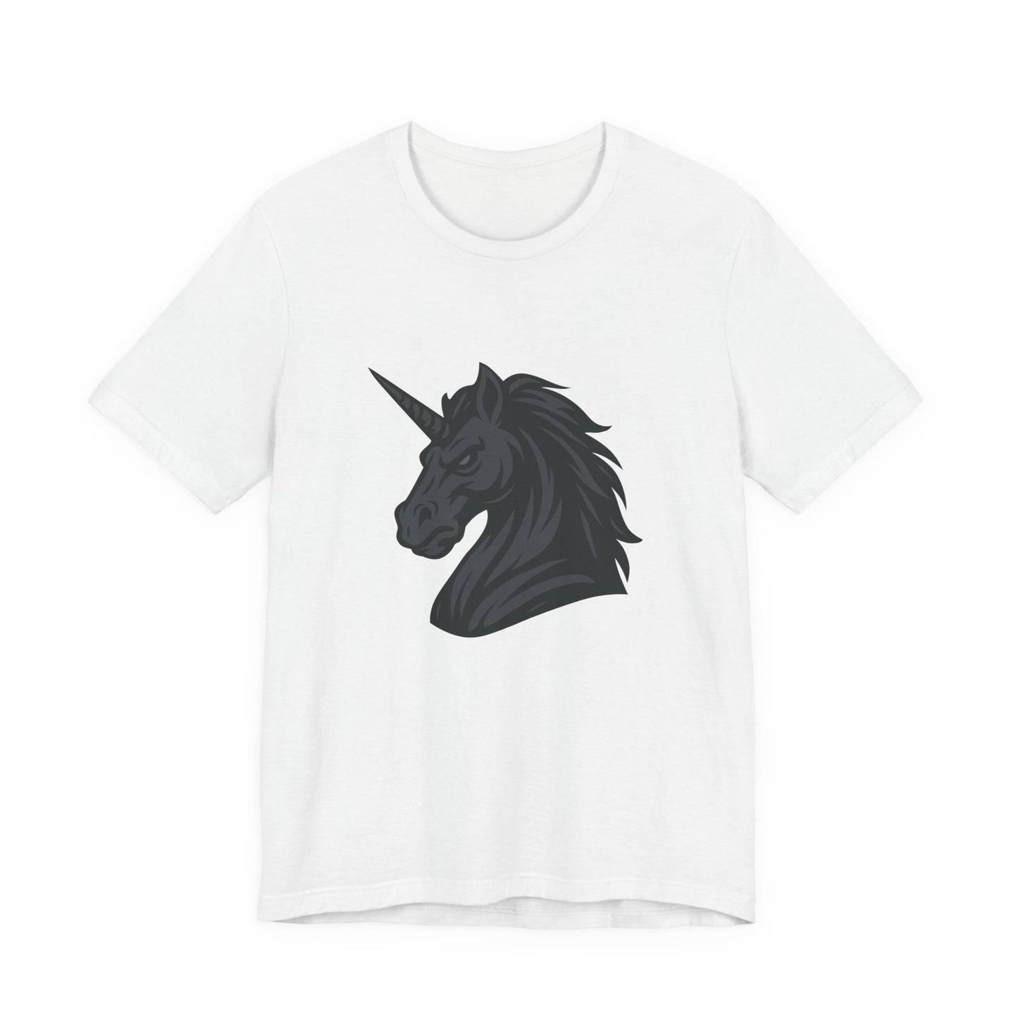 Dark Unicorn Profile T-Shirt – Dark Theme Grayscale Fierce Mythical Horse Design on Black Tee with Gothic Magic and Modern Ghost Effect. Unisex Jersey Short Sleeve Tee