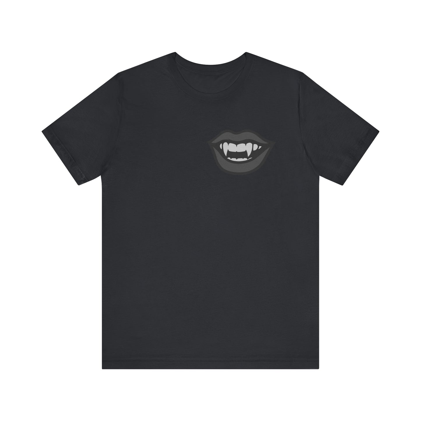Vampire Mouth Graphic T-Shirt – Dark Theme Grayscale Fanged Lips on Black Tee with Gothic Bite and Modern Ghost Effect. Unisex Jersey Short Sleeve Tee