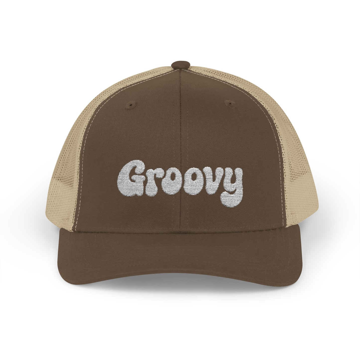 Groovy Trucker Hat – Retro Embroidered Hat with 70s Style Font for Funky Vibes, Chill Days, and Vintage Cool. White Letters