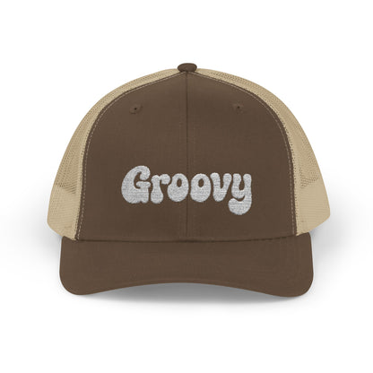 Groovy Trucker Hat – Retro Embroidered Hat with 70s Style Font for Funky Vibes, Chill Days, and Vintage Cool. White Letters