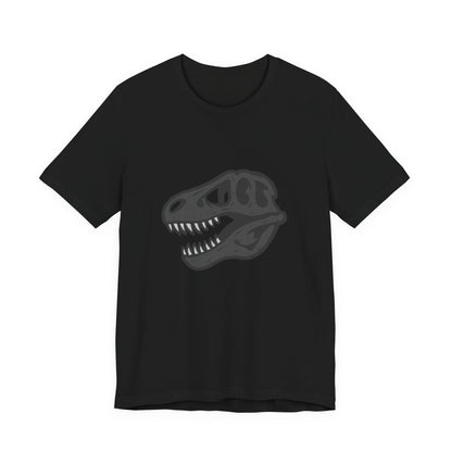 T-Rex Skull Graphic T-Shirt – Dark Theme Grayscale Dinosaur Skeleton Design on Black Tee with Prehistoric Edge and Modern Ghost Effect. Unisex Jersey Short Sleeve Tee