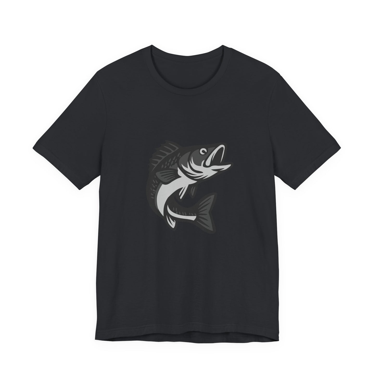 Walleye Fishing Graphic T-Shirt – Dark Theme Grayscale Freshwater Game Fish Design on Black Tee with Angler Energy and Modern Ghost Effect. Unisex Jersey Short Sleeve Tee